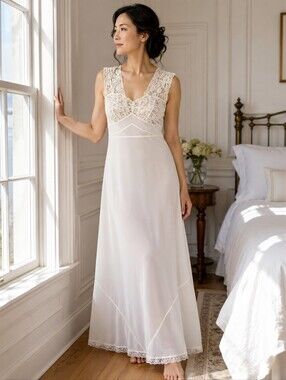 Vintage Colony Club White Lace Nylon Full Slip Nightgown S